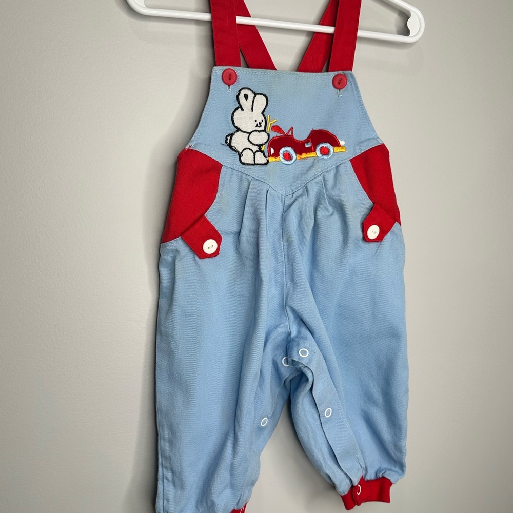 VINTAGE  Bunny & Car overalls 6-9  months 14-18lbs 24.5-27" 100% Cotton
